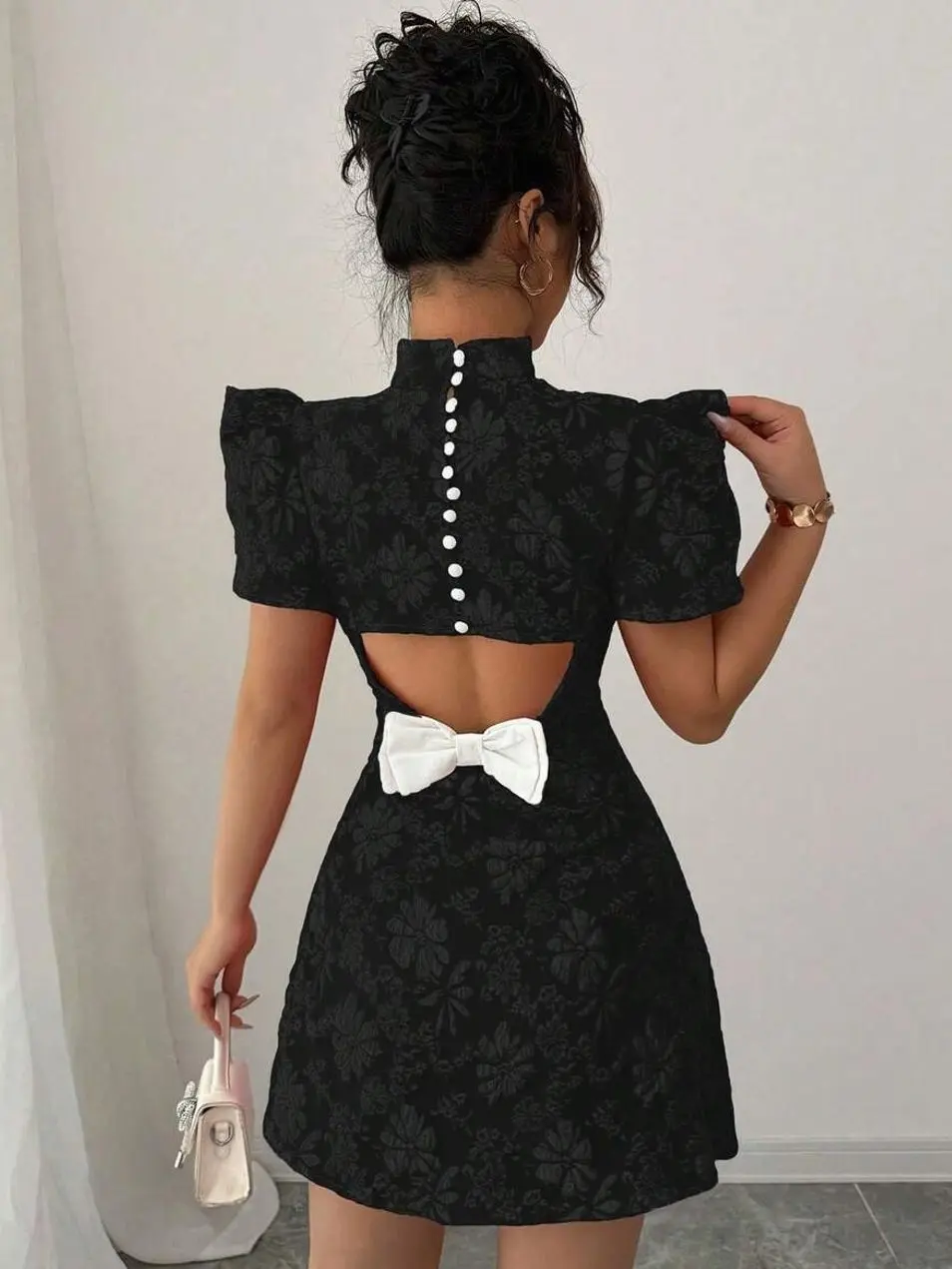 Women's Vintage Red Textured Fabric Puff Sleeve Elegant High Neck Backless Bow Contrast Color Cutout Waist Slim Fit Unique Design Mini Dress, Summer