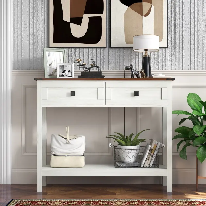 Console Table with 2 Drawer and Bottom Storage Shelf for Entryway, Rustic Side Table with Storage Drawer and Shelf for Living room, Hallway, Farmhouse Style