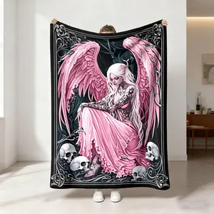 1 piece Dark Gothic powder wing angel print blanket Fallen angel skeleton element print flannel blanket is skin-friendly, soft, machine washable, suitable for office camping sofa blanket, bed blanket, suitable for all seasons