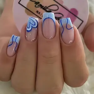A Set of 24 Long Square Light Blue French Geometric Striped Multi-Color Heart Full Coverage Press-On Fake Nails, Complete with Jelly Glue And a Nail File Kit, Suitable for Women/ for Parties, Dances, And Various Everyday Occasions.