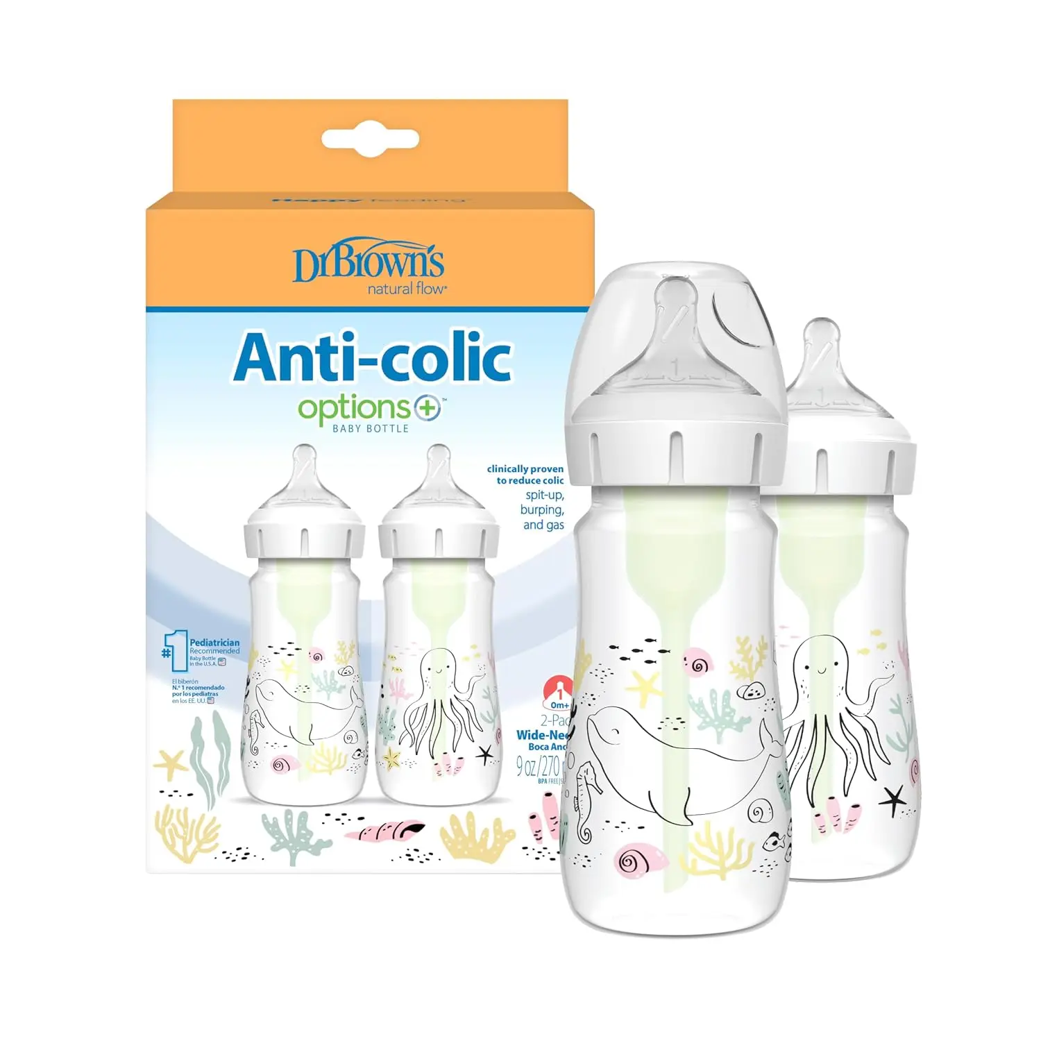 Dr. Brown's Anti-Colic Options+ Wide-Neck Baby Bottles, Ocean, 2-Pack