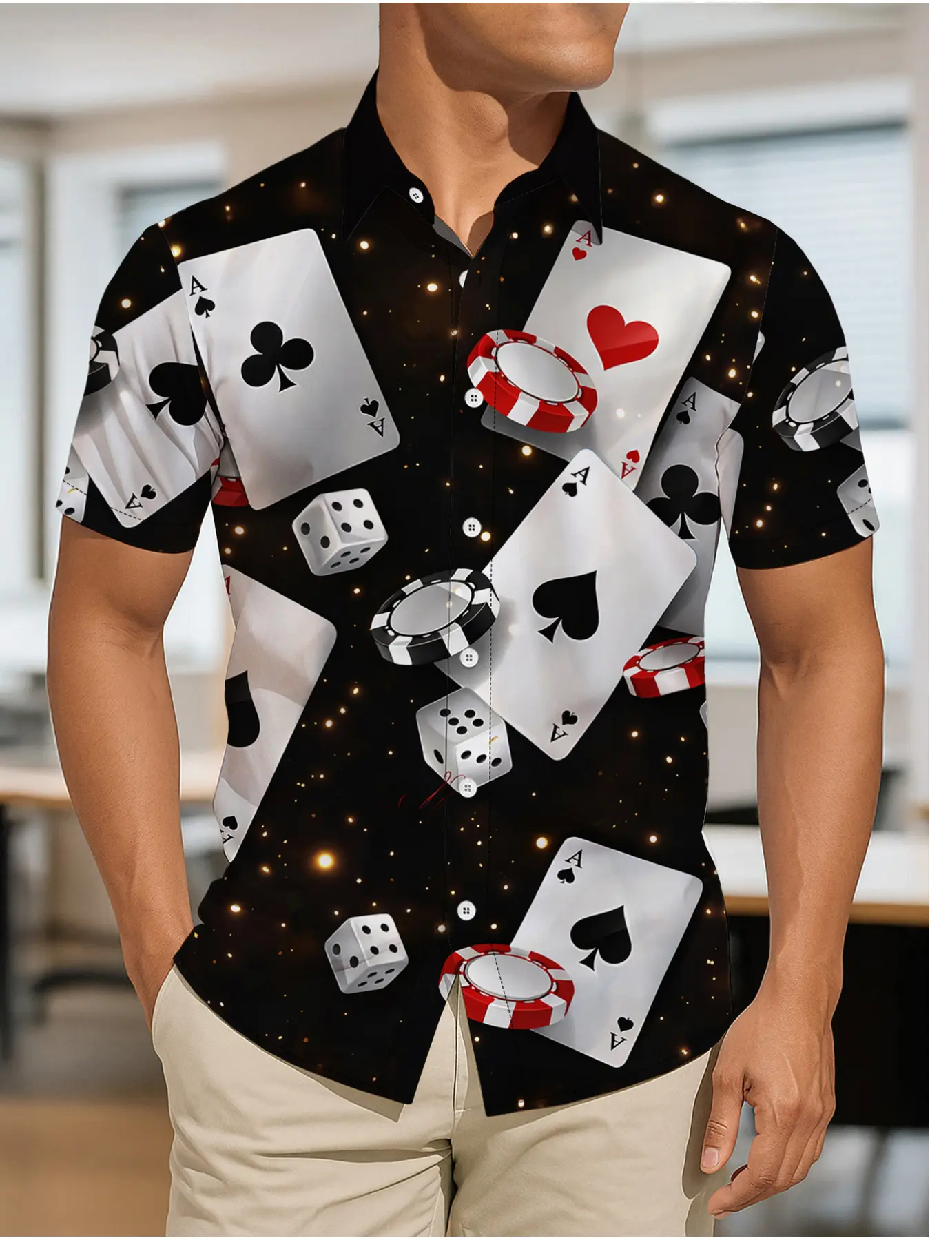 Men's Fashion Personality Poker Print Short-sleeved Shirt Trendy Board Game Element Top Daily Casual Wear Clothing Gathering Versatile Breathable Blouse Black Creative Pattern Stylish Men's Clothing