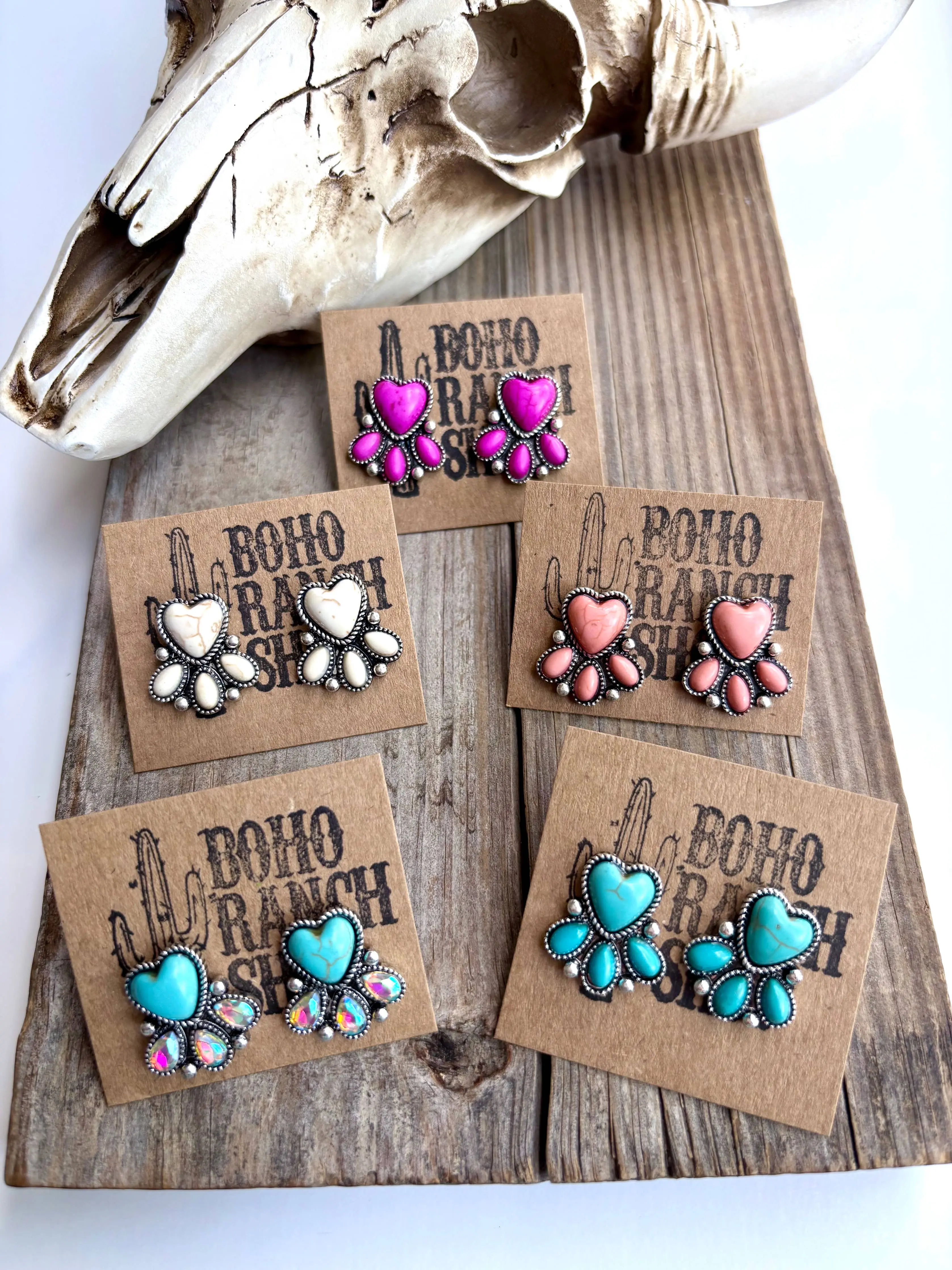 Western Style Stud Earrings, Unisex Heart Shaped Design in Brushed Silver with Turquoise Stone Accent, 0.75" Size