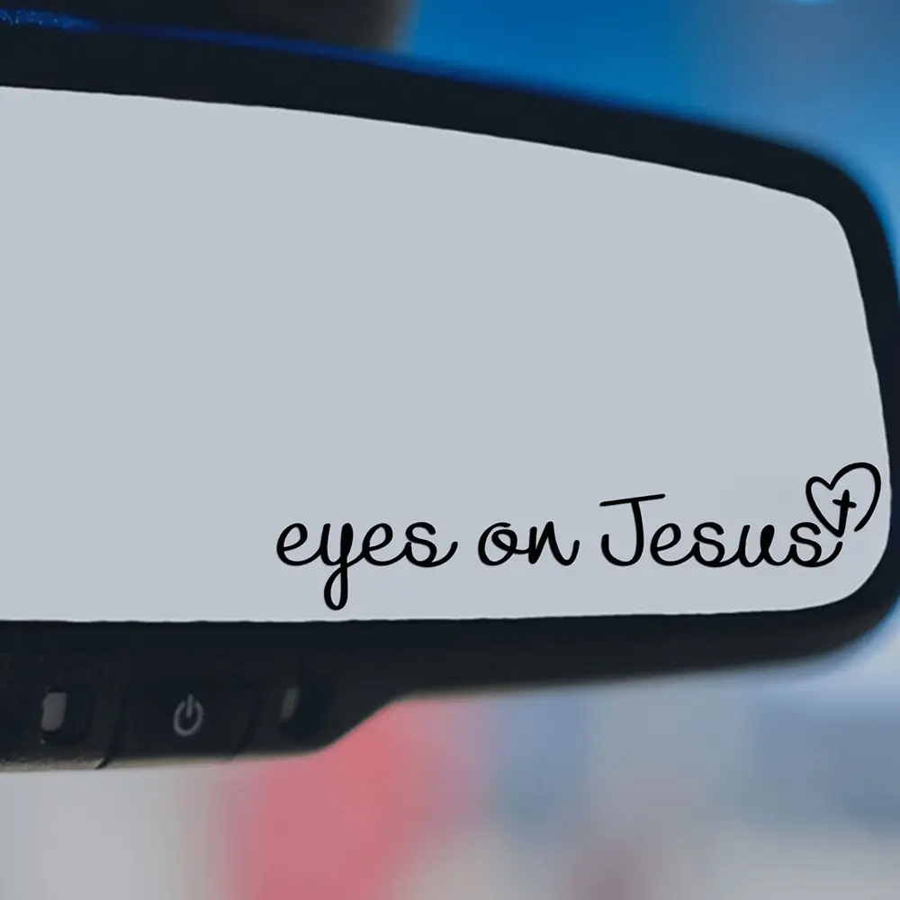 Watching Jesus Car Mirror Decal - Waterproof Nylon Sticker with Heart and Cross Design and Eyes for Rearview Mirror - Christian Decor, Religious Car Decor, Cursive Text Design, Sun Protection Decal, Car Decoration, Sticker For Cars, Car Decals