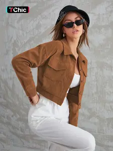Women's Latest Corduroy Long Sleeve Jacket, Casual Lapel Design, Single Button Closure, Fall & Winter Fashion, Short Coat for Women, Lady Top