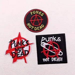 Punks Not Dead Iron On Patch - Red & Black Design with "PUNKS NOT DEAD" Text, Featuring a Red and Black Circle and a Black Frame
