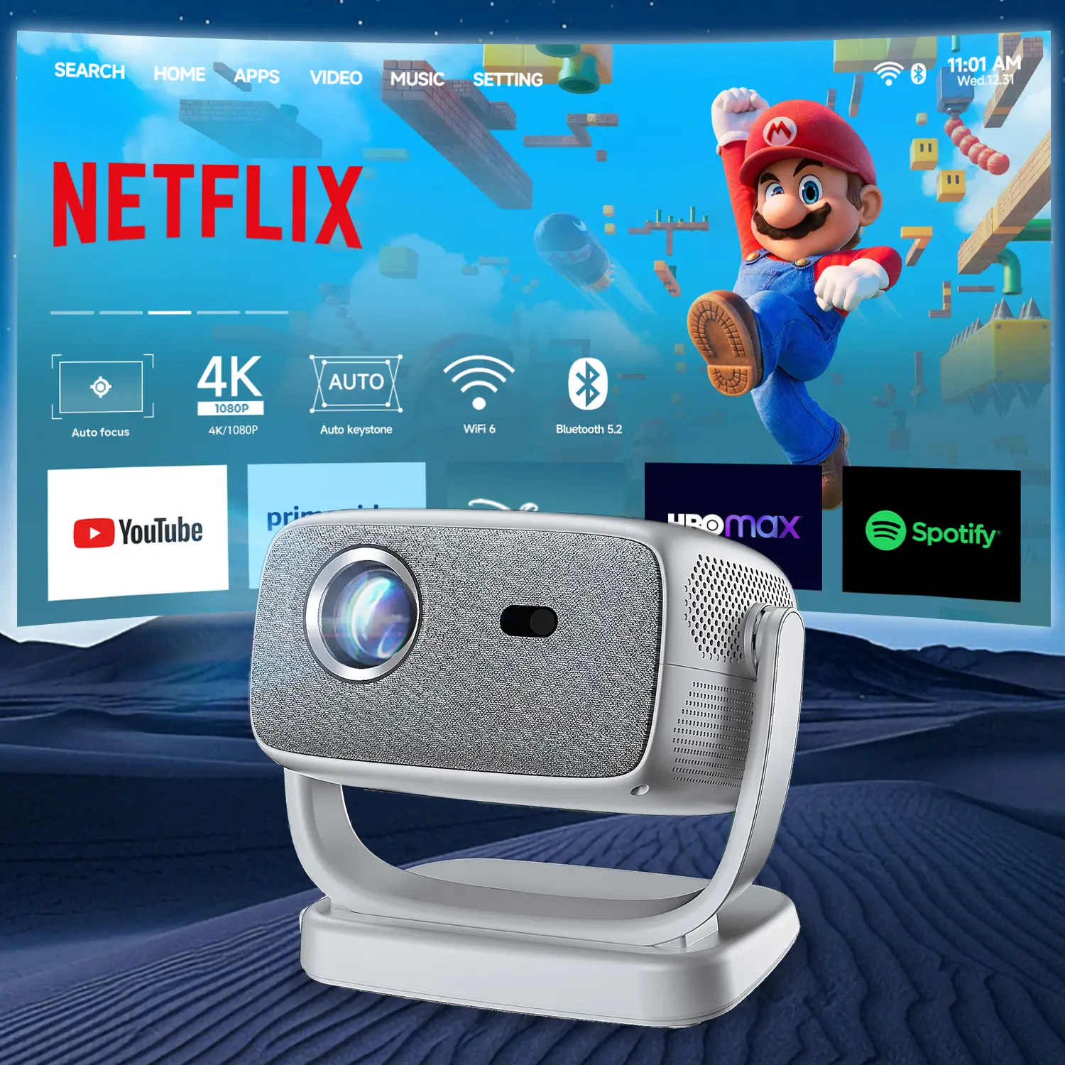 【 US Warehouse 】HUANLETOU  Mini Android projector,high lumers  1080P/4k support resolution, auto focus and auto trapezoidal correction, 200-inch screen WiFi BT multi-functional UHD outdoor entertainment projector. Audio