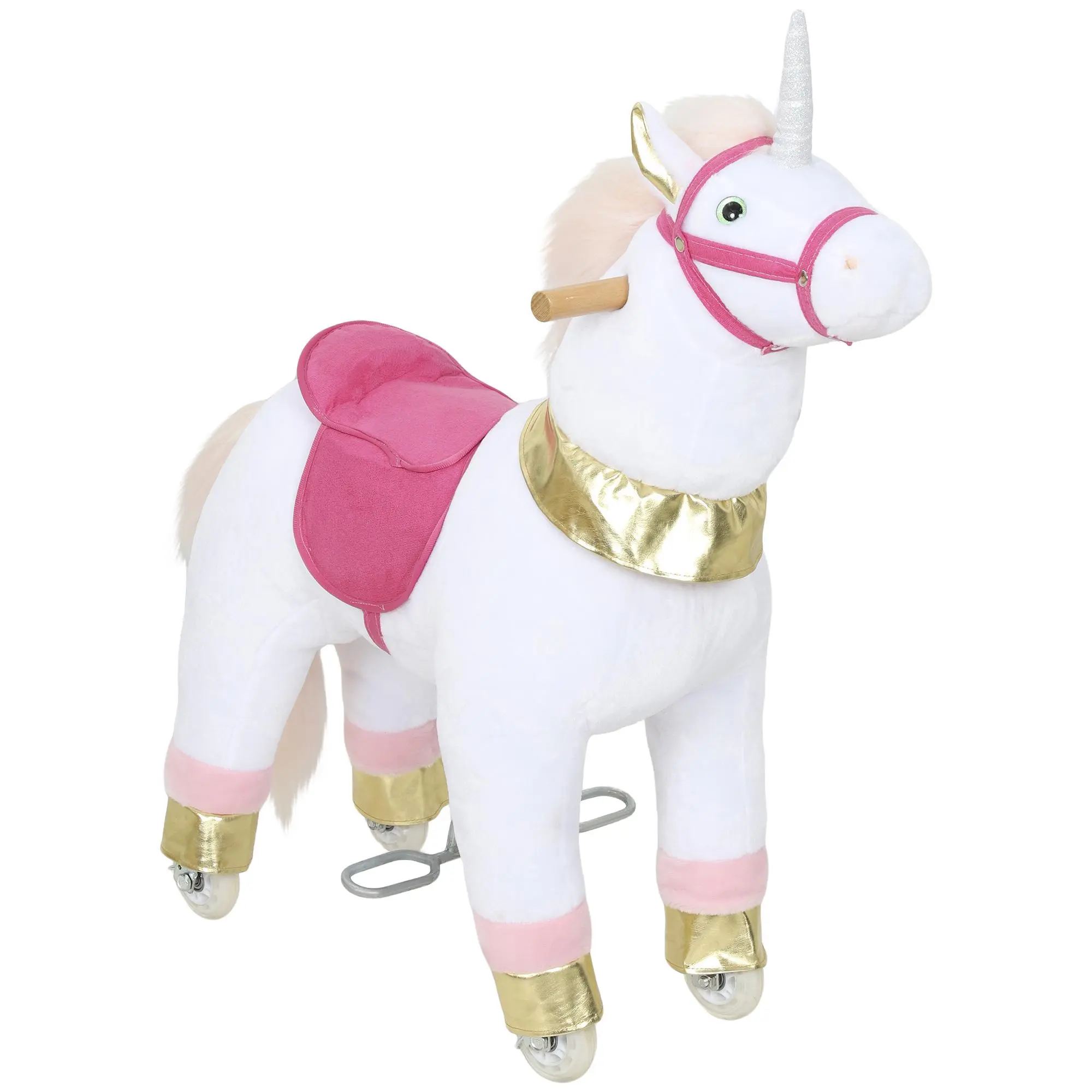 Qaba Ride on Horse for Kids 3-5 Years, 29.5 Inch Height Plush Riding Unicorn, Walking Horse Animal with Rolling Wheels for Active Play, No Batteries Required, White
