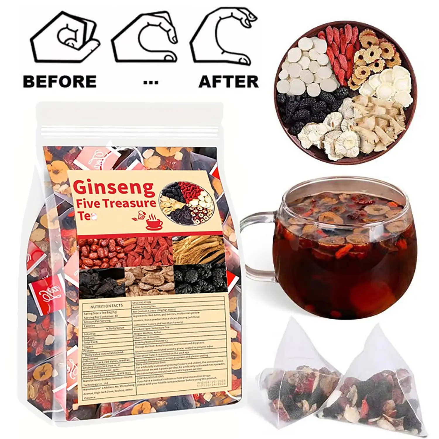 Chinese Herbal Tea Blend, Men's Health Beverage with Ginseng 5-Treasure, 6-Treasure Scented Formula, Red Date, Wolfberry, Mulberry - Christmas New Year Gift
