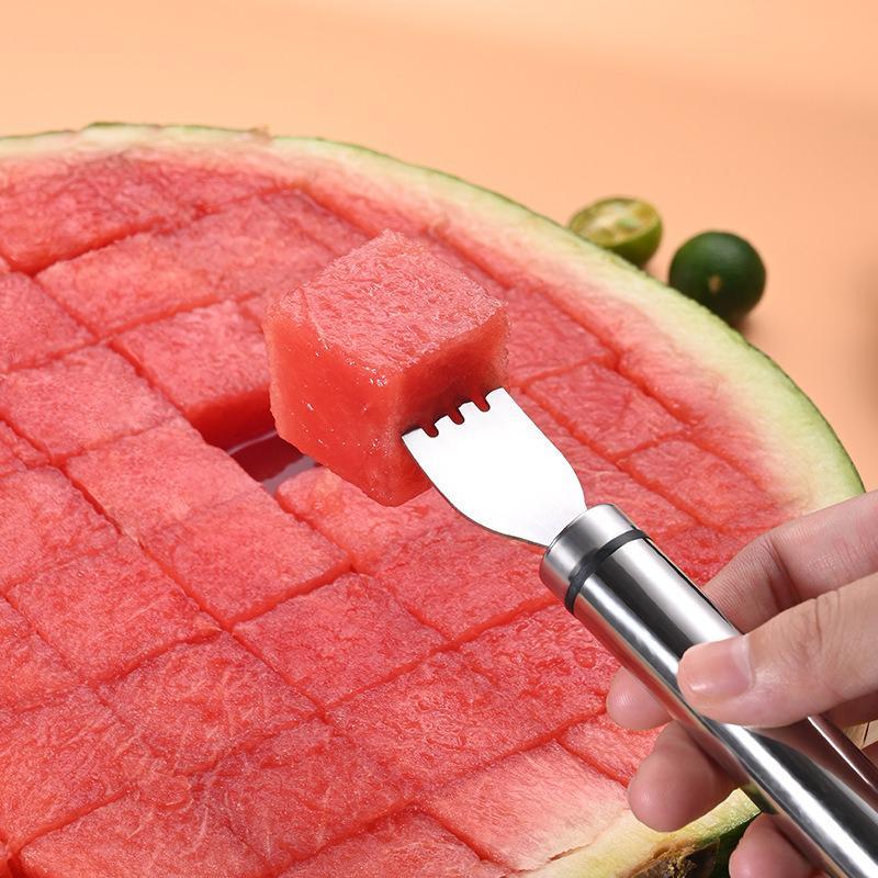 【2 Pack】Watermelon Fork Slicer,Watermelon Slicer Cutter,Watermelon Cube Cutting Tool, 2-in-1 Stainless Steel Fruit Cutter, Dual Head Fruit Forks Slicer Knife with Round Handle,Fruit Cutting Kitchen Utensils,Kitchen Gadgets,Portable Modern