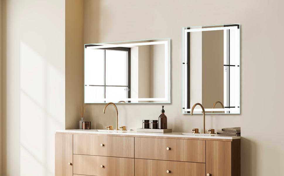 【GARVEE】LED Bathroom Mirror, 24x40Inch Front and Backlit, 3 Colors Dimmable, CRI>90 Double Lights, Enhanced Anti-Fog, Wall Mount Lighted Mirror, Horizontally/Vertically Mounted