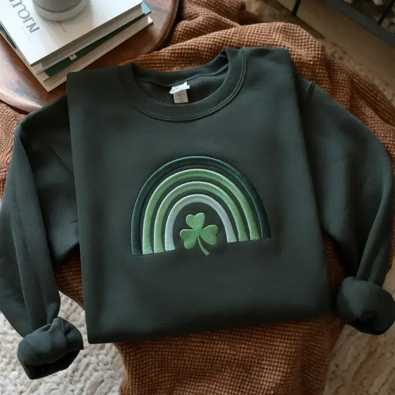 Embroidered Shamrock Rainbow Sweatshirt T-Shirt Hoodie, St Patricks Day Lucky T-Shirt, Shamrock Rainbow T-shirt, Clover Sweatshirt, Lucky Sweatshirt,Aesthetic Green Clover Hoodie for Women, Festive Saint Paddy’s Day Outfit