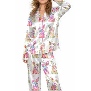 Women’s Happy Easter Coquette Girly Bunny Long & Short Sleeve Satin Pajama Set, Perfect Gift For Girlfriends