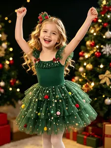 Girls Dark Green Christmas Star Ballet Tutu Dress  girls   Clothing, Ruffle Flutter Sleeves with Bows Bells Tiered Tulle Leotard Outfit, Kids Pom Pom Holiday Dance Costume for Recital Photoshoot