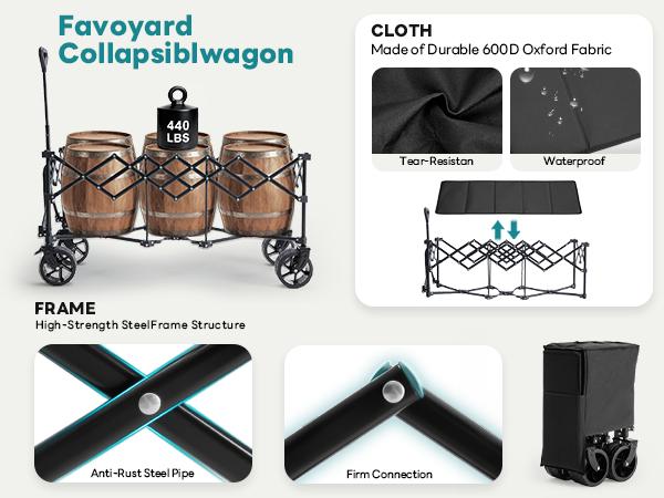 【Summer Sale】Sweetcrispy Wagon Cart Collapsible 440lbs Foldable Extra Long Heavy Duty Utility Wagon with Wheels, Portable Storage Grocery Cart for Camping, Shopping, Sports, Beach, Garden