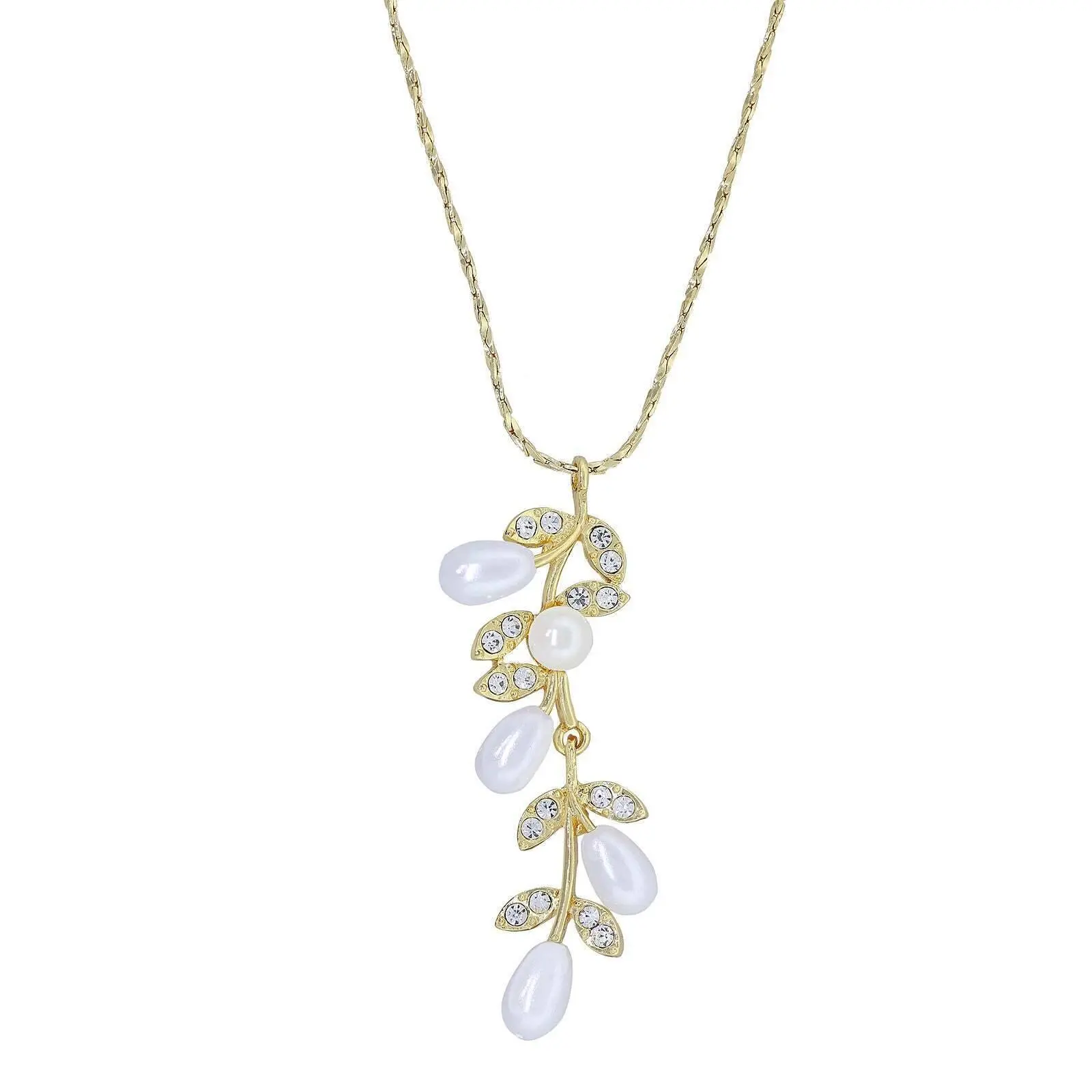 Faux Pearl Drop Crystal Leaves Pendant Necklace 18"