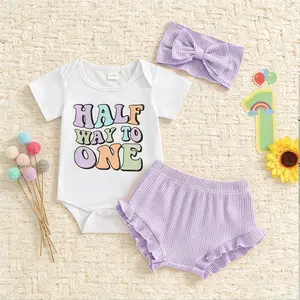 3-12Months Baby Girls Cute Shorts Set Colorful Letter Prints Elastic Waist Ruffled Edges Shorts with Hairband Summer Outfit