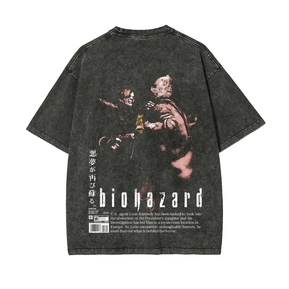 Men's Resident Evil Leon Chainsaw Nightmare Oversized Washed T-Shirt, Streetwear Short-Sleeve Casual Comfortable Unisex Top (S-5XL)