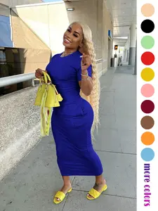 Threaded Elastic Solid Color Bodycon Dress, Breathable Elastic Party Outing Travel Pocket Long Dress, Summer Dress, Casual Wear, Womenswear