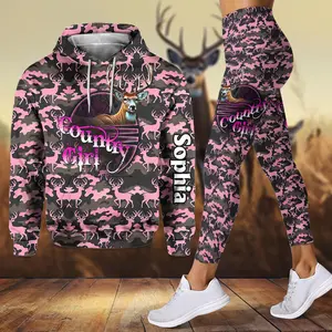 Country Girl Personalized Hunting Hoodie and Legging Set, 3D Deer Camo Print Combo Outfit for Women Outdoor Sportswear Casual Wear