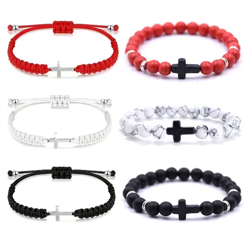 Men's 2-Piece Matching Natural Stone Cross String Bracelet Set - Tiger Eye, Volcanic, White Turquoise, Unisex Fit, Handmade Steel Core, Everyday Wear, Jewelry Gifts for Thanksgiving, Anniversary, Beaded Bracelet Sets, Accessories for Women, Men's Jewelry