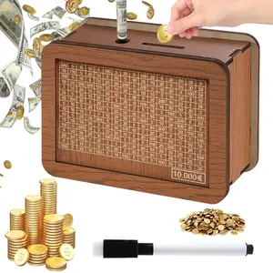 Euro Money Box with Counter, Wooden Cash Saver Money Box, Saving Box, Coin Counter Piggy Bank, Wooden Money Bank for Kids Adults to Create Emergency Fund, Saving Challenge Box, Wooden Savings Box