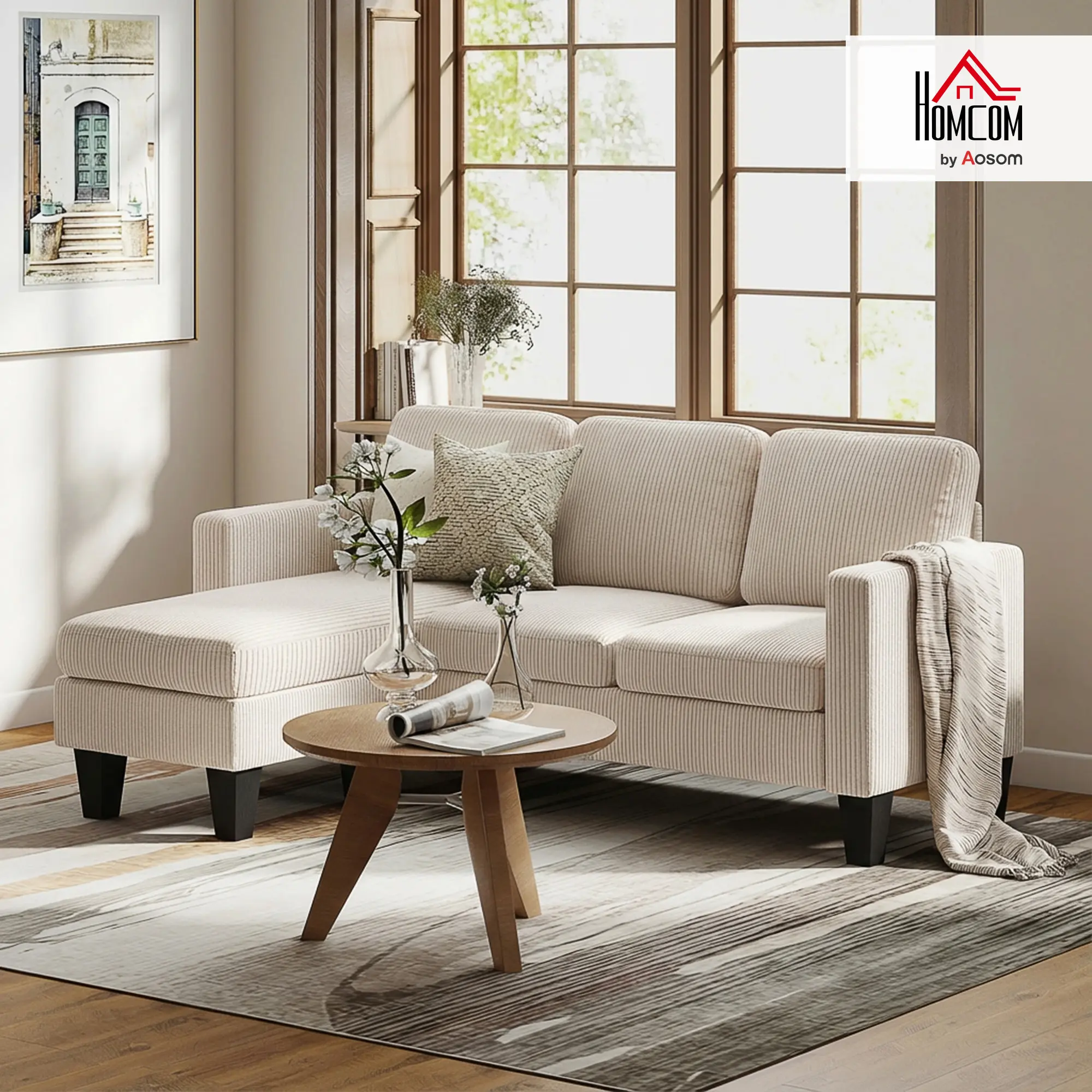 HOMCOM 73" L-Shaped Sectional Sofa, Small 3 Seater Sectional Couch with Reversible Chaise or Ottoman, Soft Corduroy Fabric Small Couch for Living Room, Apartment, 2200lb Capacity