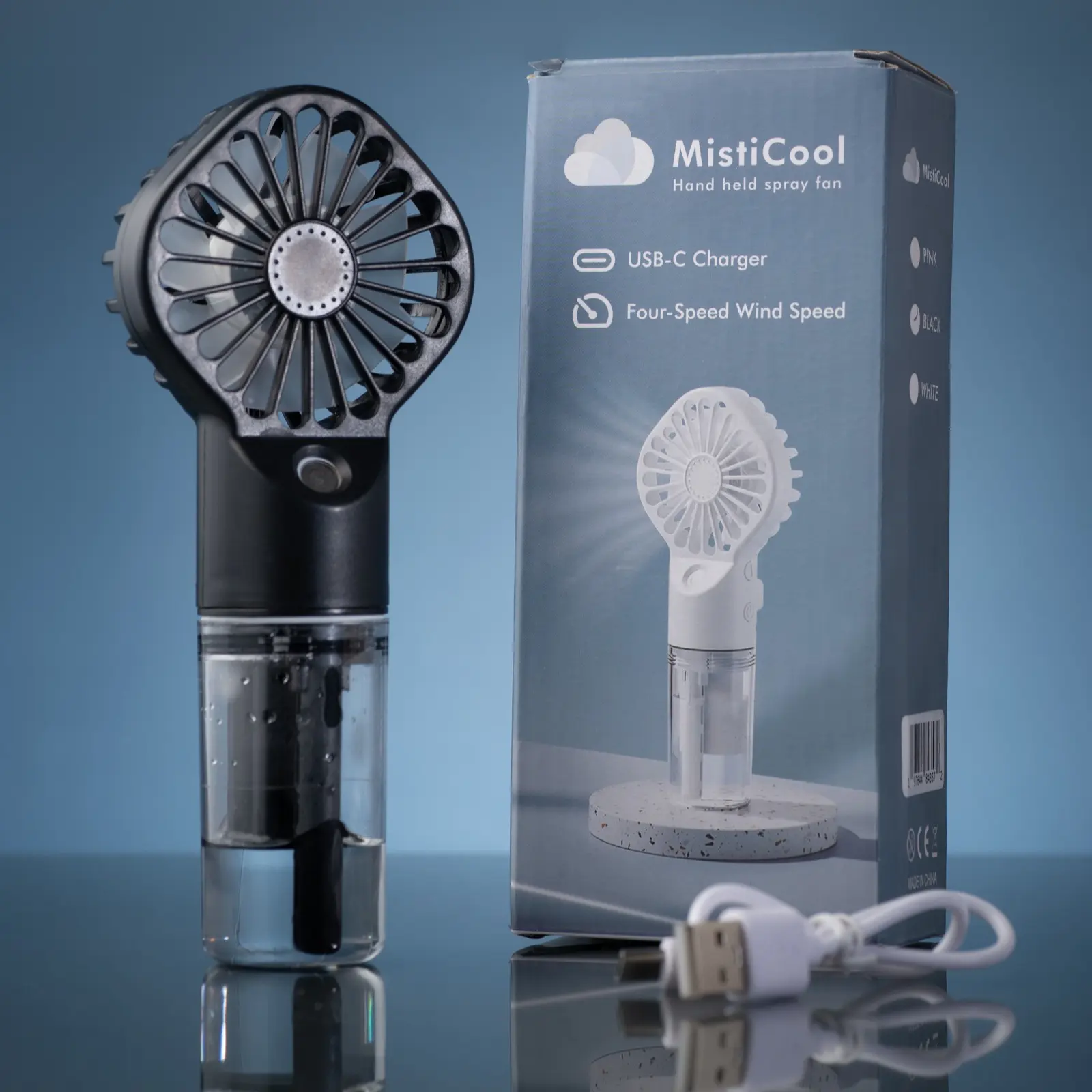 MistiCool Portable Misting Fan - Rechargeable Handheld Water Nano-Mist Fan with 4 Adjustable Speeds USBC