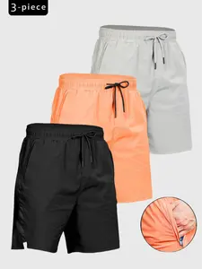 Men's 3 piece mesh spliced sports shorts with zipper pockets, drawstring waist circumference, quick drying drawstring sports shorts, summer gym exercise running, men's comfortable shorts