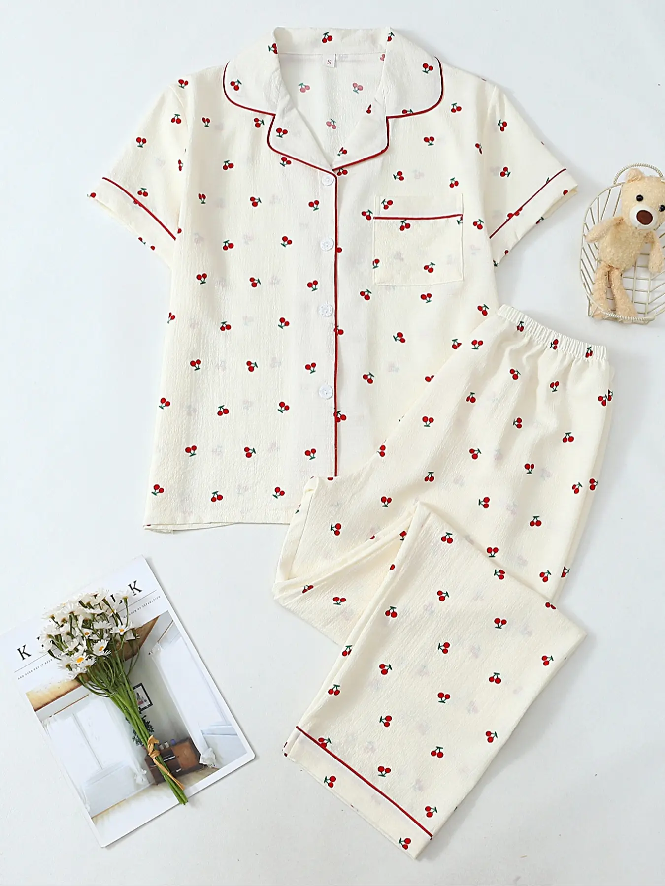 Women's Two-Piece Pajama Set, Casual Comfortable Lapel Pocket Shirt Short Sleeve + Elastic Waist Home Pants, All-Season Sleepwear