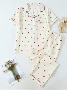 Women's Two-Piece Cherry Pajama Set, Casual Fitted Comfortable Lapel Pocket Woven Shirt Short Sleeve + Elastic Waist Home Pants, All-Season Sleepwear Loungewear Pyjamas Homewear Pjs
