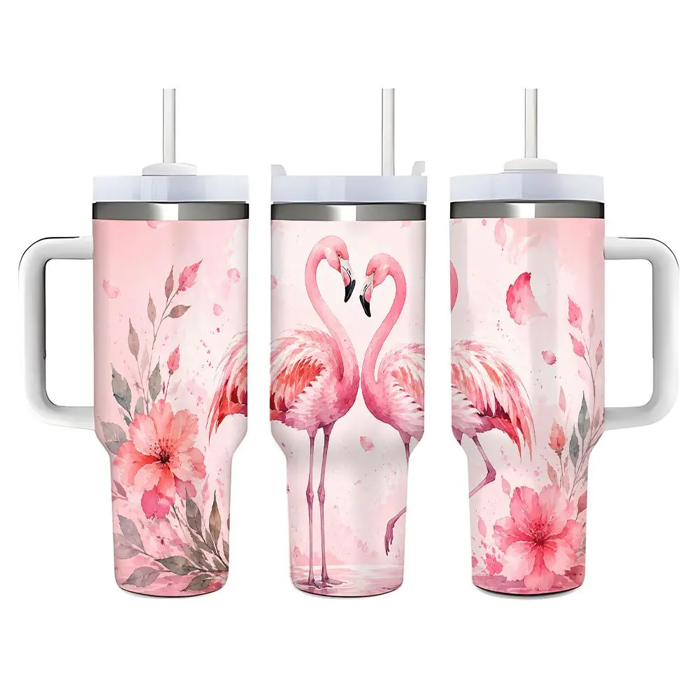 40oz Pink Flamingo & Floral Stainless Steel Tumbler - Double Wall Vacuum Insulated Leak-Proof Mug with Handle, Straw, Lid - Fits Car Cup Holders, Casual Use for Coffee, Tea, Iced Tea - Ideal for Desks, Backpacks, Birthday Holiday Gifts