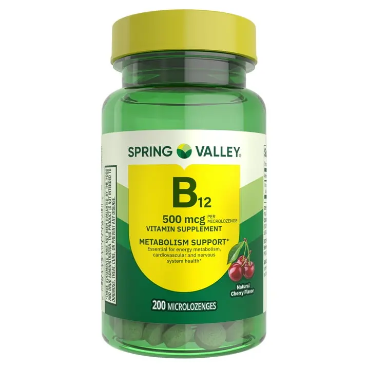 Spring Valley Vitamin B12 500 mcg Sublingual Microlozenges Cherry Flavor 200 Count Fast Dissolve Energy & Metabolism Support Vegetarian Friendly