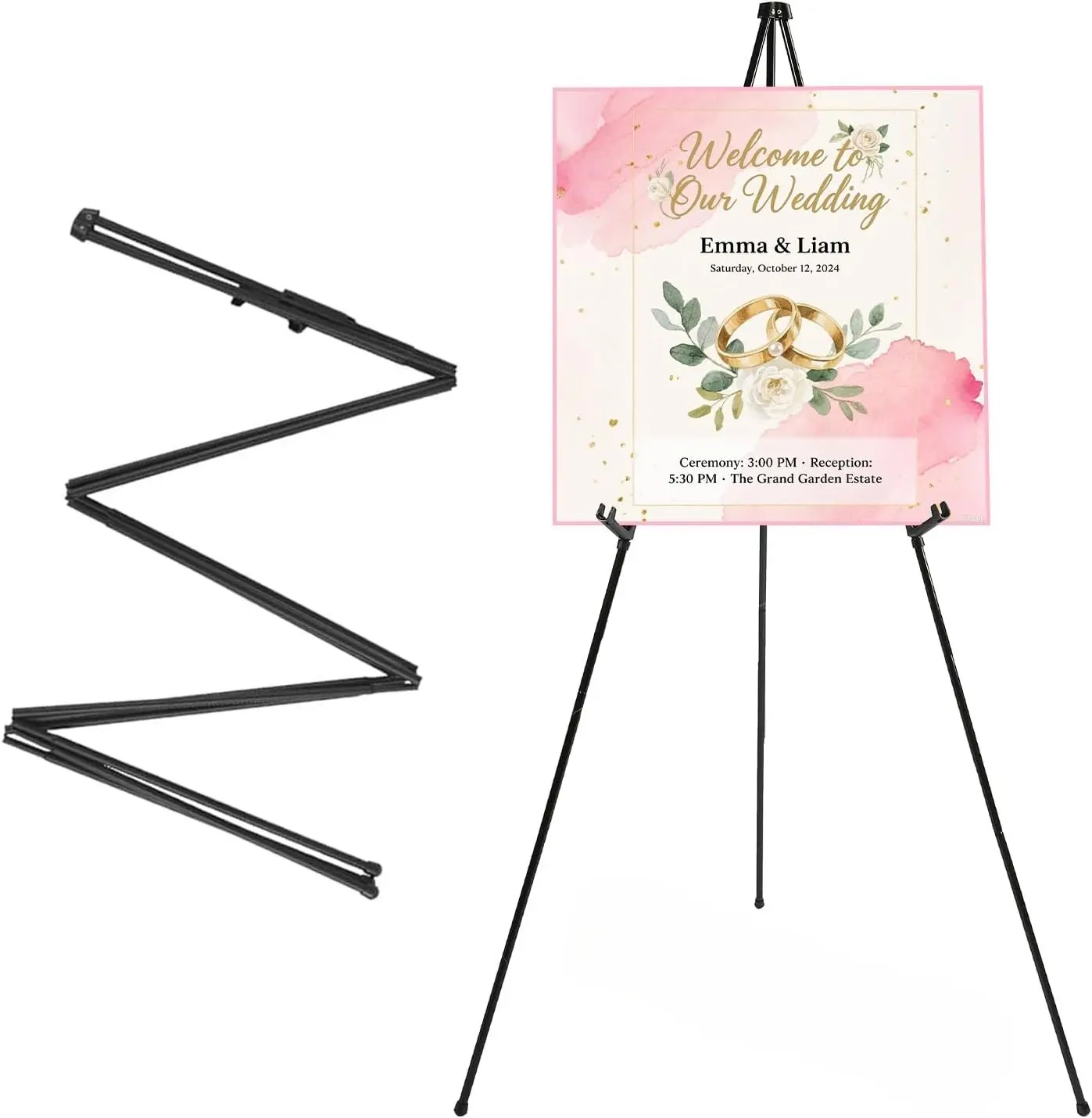Metal Tripod Easel Stand, Adjustable Height Foldable Display Easel, Sturdy Metal Non-Slip Base for Painting Wedding Sign Poster Canvas Art, No Tool Assembly for Home Office Event