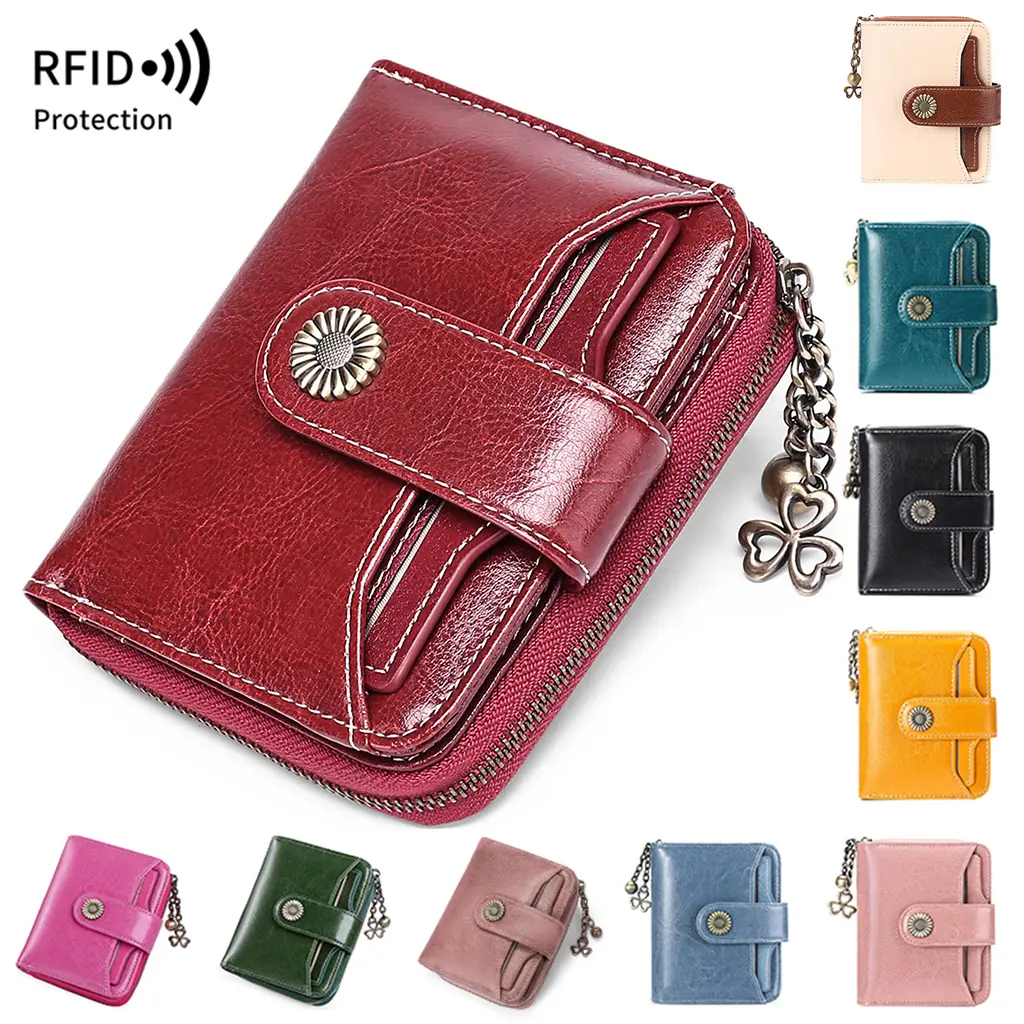 Women's Casual Chic Basic RFID Blocker Oil Wax Leather Wallet - Small Leopard Print, Bifold Billfold, 2 ID Windows, Compact Size, Multiple Card Slots, Zippered Coin Pocket, Sunflower Snap Card Holder, Rfid Shielded Wallet, Credit Card Wallet