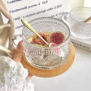 8 Pack 14oz Clear Glass Cup Set, Vintage Style Tea Mugs with Lids & Spoons, Ideal for Iced Coffee, Tea and Everyday Drinks
