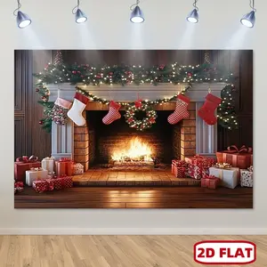 1pc 2D Flat Christmas Fireplace Backdrop Cloth Festive Polyester Christmas Fireplace Backdrop Cloth, Seasonal Holiday Decor for Xmas, Spring, Summer, Autumn - Easy Installation, No Power Needed, H