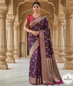 Royal Purple Wedding Saree with Heavy Worked Rani Pink Blouse - Adjustable Multi-Size Fit