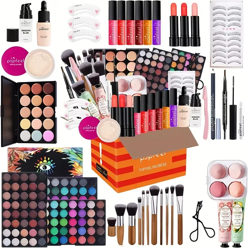 POPFEEL All-in-One Full Face Makeup Kit with Brush - Complete Beauty Set, Berry & Neutral Foundation, Blush, Eyeshadow Palette & Mascara Suitable for Gifts or Personal Use, Comprehensive Powder-Based Makeup Collection