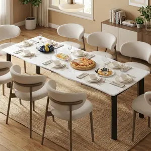 Garvee Modern Dining Table, 78.7" Large Kitchen Table for 6-8 People, 15mm Thick MDF Top & Metal Frame, Unique Horizontal Wave Design, Waterproof Scratch-Resistant, for Kitchen, Dining Room, Marble