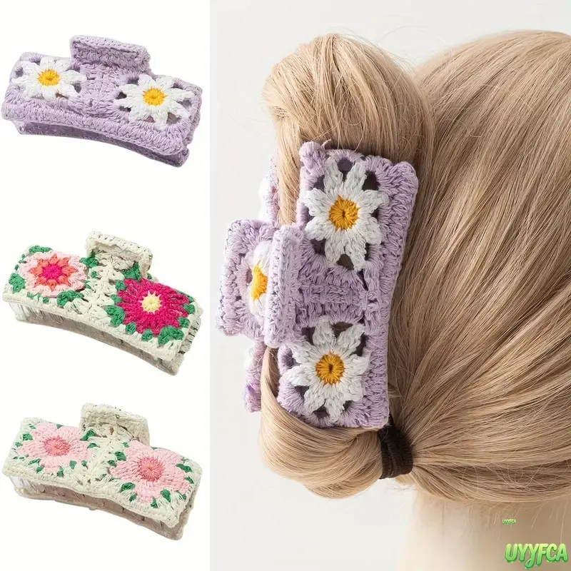 Bohemian Crochet Floral Jaw Claw Clips, Large Non Slip Strong Hold Knitted Hair Barrettes With Daisy Flower And Strawberry Pattern, Soft Handmade Crochet Hair Accessories For Thick Hair, Ideal For Daily Styling, Casual Outings, Beach Vacation,Cute