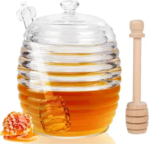 Honey Jar with Dipper and Lid, 8 oz Glass Honey Pot Dispenser with 2 Dippers Sticks Set, Honey Containers for Kitchen, Home, Syrup Storage