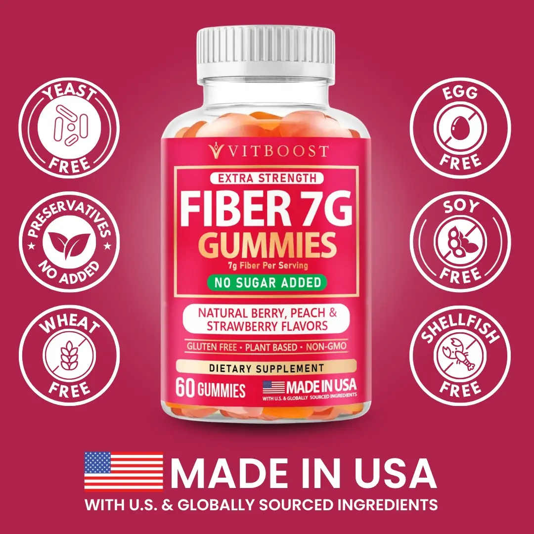 VITBOOST Prebiotic Fiber Gummies 7g– No Sugar Added, Vegan, Pectin-Based (No Gelatin), Non-GMO, Made in USA – Digestive & Gut Health Support