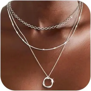 Gold Silver Layered Necklaces for Women Trendy, Dainty 925 Sterling Silver Chain Necklace Stack for Women Layering Circle Pendant Choker Necklaces Set Non Tarnish Jewelry Gifts for Teens