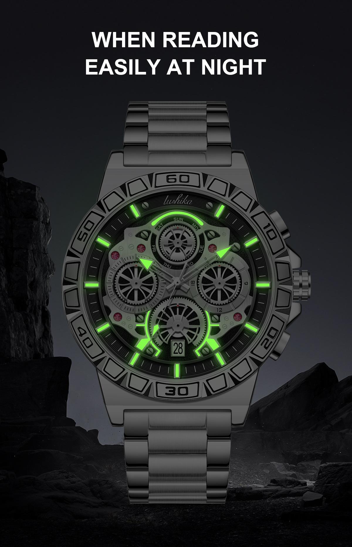 Lushika Men's Luxury Quartz Watch, High-End Movement,Date Function, Stainless Steel Strap, Waterproof LuminousLarge Dial, Versatile Casual & Business Style, Ideal forDaily & Official Wear, Top Gift for Men