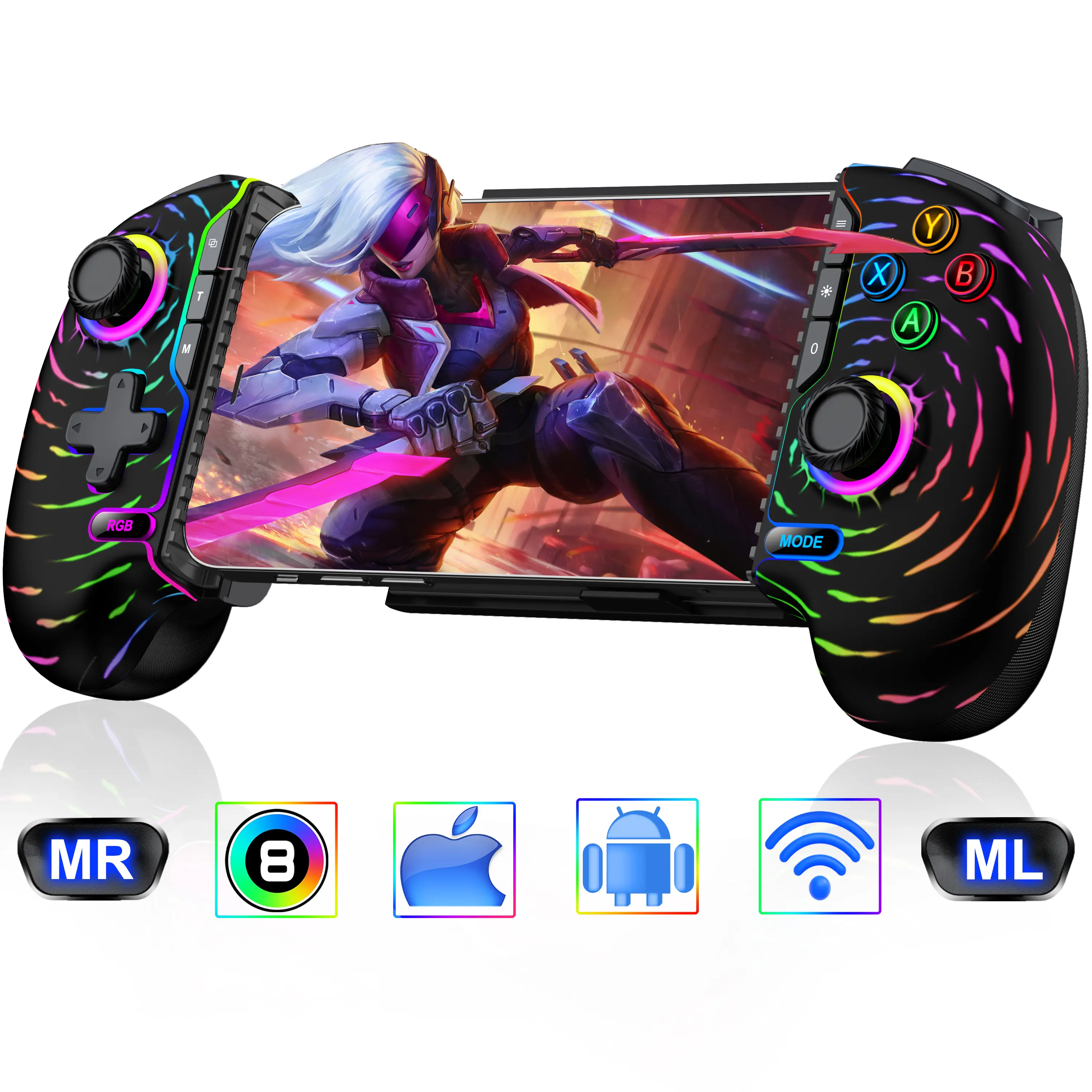 Bluetooth Smartphone Gaming Controller for iPhone/Android - Hall Joystick, RGB Color Changing Lights, Rubber Grip, Phone Case Support, Accessories for Xbox Game Pass, Steam Link, Call of Duty, Manufacturer Warranty Included