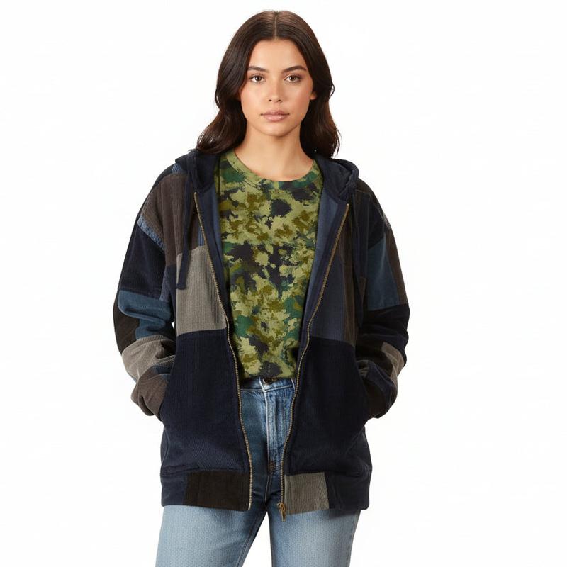 Patchwork Corduroy Zip Up Hoodie