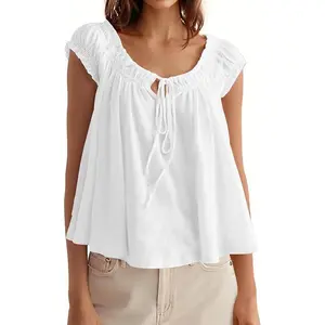 Imily Bela Women Summer Tie Front Tank Tops Cap Sleeve Pleated Babydoll Tops Casual Loose Fit Going Out Flowy Shirt