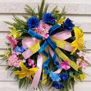 Button Fern Grapevine Wreath with Pink Yellow Blue Flowers and Bow for Home Decor