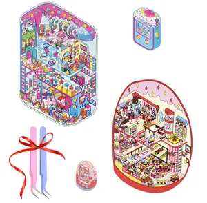 Stress Relief Stickers 2.5D DIY Miniature Scene Layered Scrapbook Decals Micro Landscape Paper Material Peel-and-Stick Design for Journals Crafts Gift Giving Starry Sky Concert Hall Candy Arcade Set with Ribbon and Tweezers